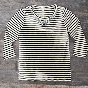 J. Crew tan and navy blue striped tee shirt top w rhinestone accents  small B138